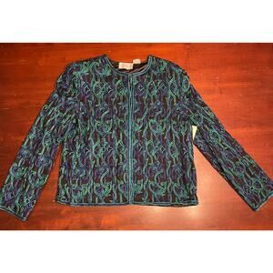 Vintage Scala NEW Silk Fully Lined Beaded Blue & Green Jacket NOS M Medium
